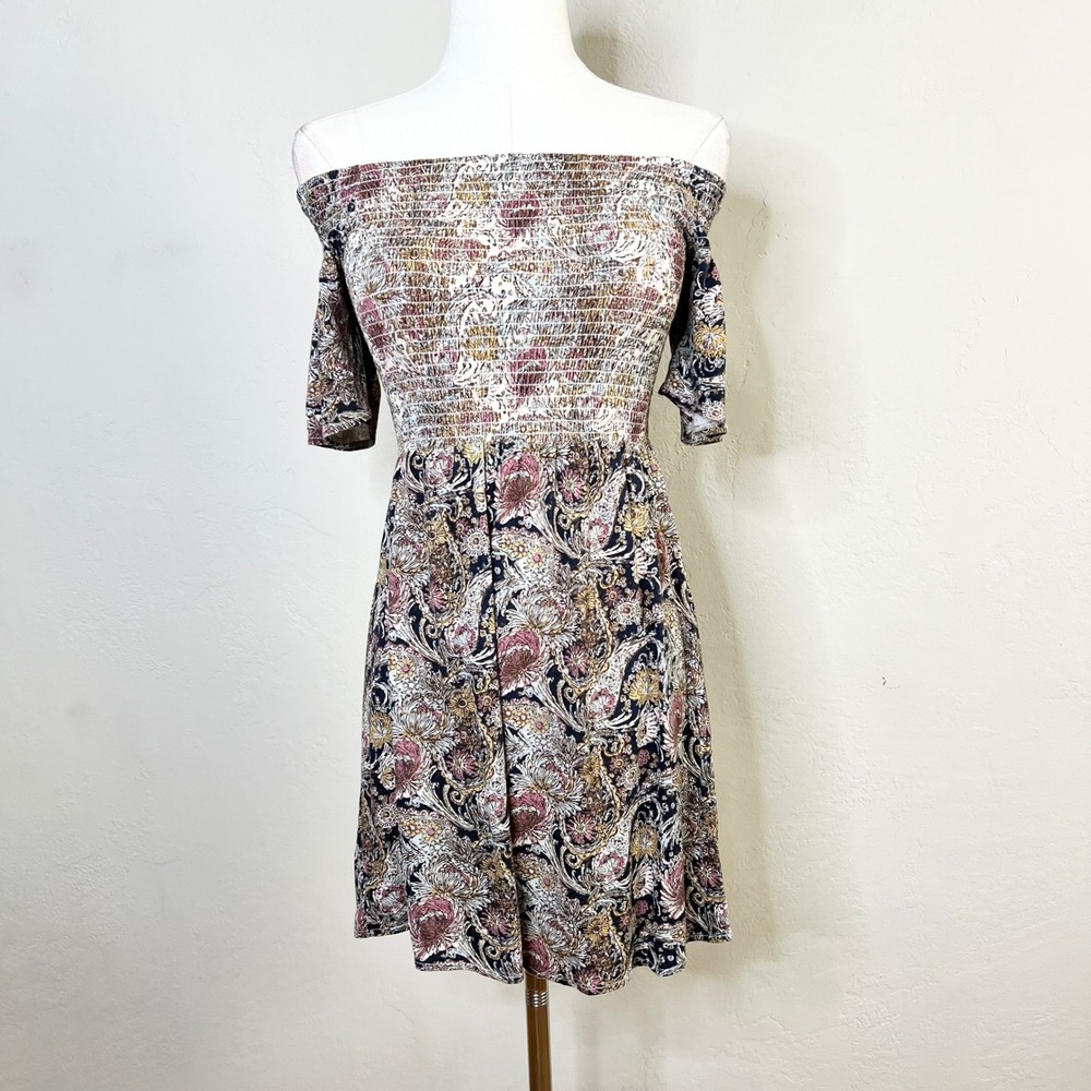 O'Neill Medium Floral Paisley Off Shoulder Smocked Mini Dress Boho Summer